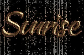 Gold metallic text spelling Sunrise on a dark background with sparkling light effects
